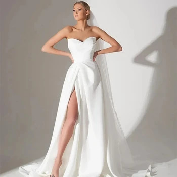 2024 מתוקה שמלת הכלה סאטן צד, חותך את קו קומת אורך החלוק דה Mariee לבן פשוט אלגנטית רכבת לטאטא שרוולים רוב