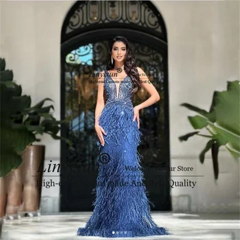סקסית V צוואר קו שמלות לנשף אפליקציות שרוולים נוצות רשמי שמלות ערב נשים רצפת אורך צד vestidos דה גאלה