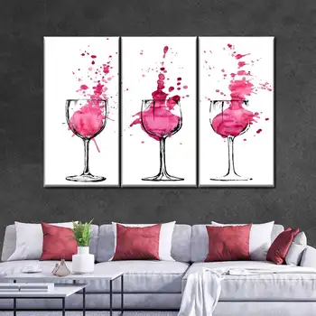 3 לוח יין בצבע קיר אמנות בד ציור בצבעי מים כוס שמפנייה פוסטרים, הדפסות עבור בנות חדר קיר בעיצוב שום מסגרת