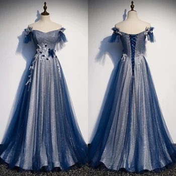 שמלת ערב בצבע כחול כהה טול את הכתף בלינג אפליקציות A-line אורך רצפת בתוספת גודל מותאם אישית נשים מסיבה פורמאלית שמלות