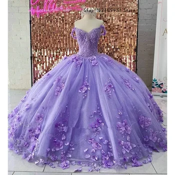 לילך לבנדר הנסיכה הטקס שמלות 3D פרחים תחרה, אפליקציות חרוזי קריסטל Sweet 16 מסיבת יום הולדת Vestidos דה XV Anos