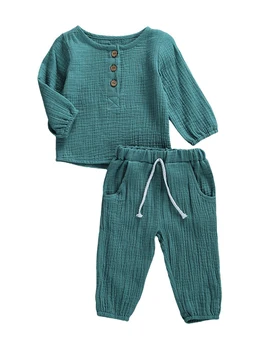 תינוק תינוק ילדה כותנה פשתן תלבושת מוצק צבע חולצה שרוול ארוך העליון אלסטי המותניים מכנסיים סתיו חורף בגדים