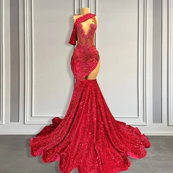 נוצץ קריסטל אדום בתולת ים שמלות לנשף 2024 אחת כתף נצנצים אדום כהה נצנצים זמן הנשף שמלת שחורים בנות