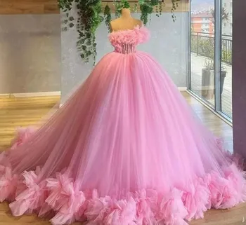 נסיכה ורוד נפוחות שמלות לנשף 2023 פנינים סטרפלס טול קפלים רשמי שמלות ערב הטקס ללבוש חלוק דה נשף