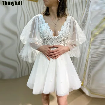 Thinyfull טול קצר בוהו קו שמלות כלה V-צוואר ארוך שרוולים שמלת הכלה אפליקציות 2024 שמלת הכלה Vestido De נוביה
