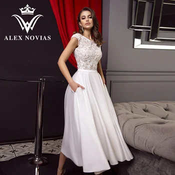 אלכס NOVIAS קו שמלת החתונה 2023 סקסי O-צוואר אשליה ללא משענת כיסים אמצע שוק סאטן שמלת החתונה Vestidos Novias דה Saten