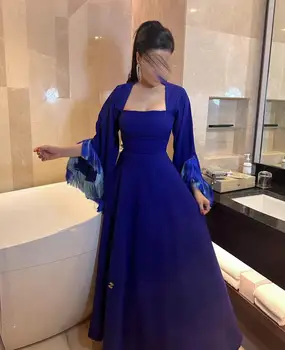 Oisslec כחול מלכותי קו שמלות לנשף דובאי בערב הסעודית נשים ללבוש צוואר מרובע ציציות שרוולים ארוכים, ערב ערב המסיבה.