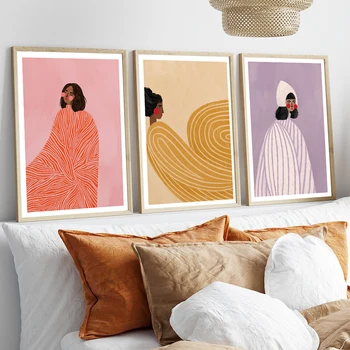 נשים עם צהוב פסים אדומים פוסטרים, הדפסים מודרניים בד אמנות ציור הקיר תמונה עבור חדר השינה, הסלון קישוט הבית
