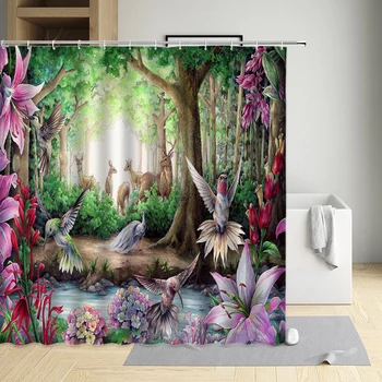 יער ציפור יצירתי וילון מקלחת צבי יונק דבש לבן טווסים גרלנד בד אמבטיה עיצוב אמבטיה מסך עם ווים