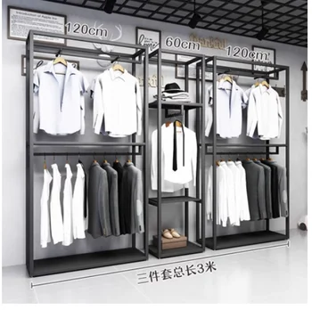 בגדים שחורים rack תצוגת הגברים של חנות מדפים קומה קומה שכבה כפולה להציג קולבים ברזל אמנות מתכת תיק מתלה